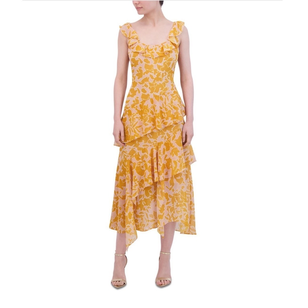 BCBGMAXAZRIA Golden Yellow Asymmetric Tiered Midi Dress Floral MX03D35-G2Y sz 2